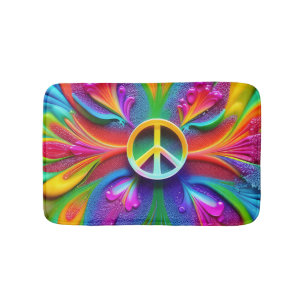 Retro Boho Bath Mat Peace Sign Vintage Hippie