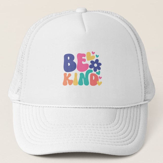Retro Boho Be Kind  – Colourful Groovy Flower Hear Trucker Hat (Front)