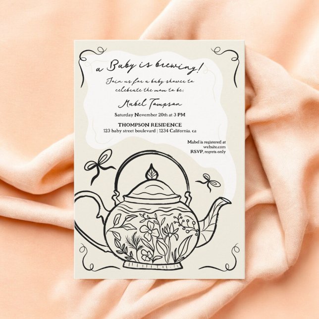 Retro boho black bow teapot baby is brewing shower invitation (Retro boho black bow teapot baby is brewing shower invitation)