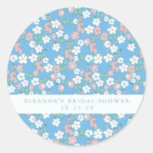 Retro Boho Blue Ditsy Floral Custom Bridal Shower Classic Round Sticker