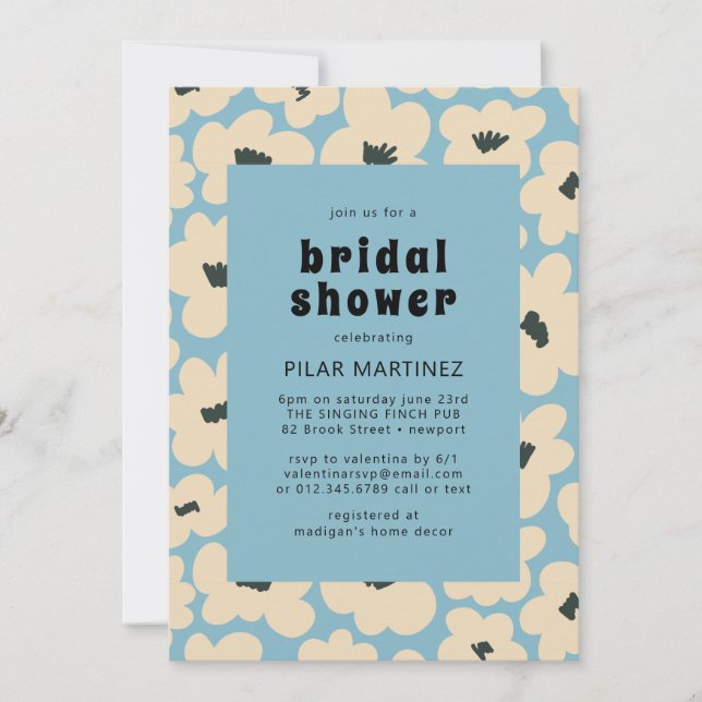 Retro Boho Blue White Floral Bridal Shower Invitation (Front)