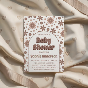 Retro Boho Brown Arch Daisy Floral Baby Shower Invitation