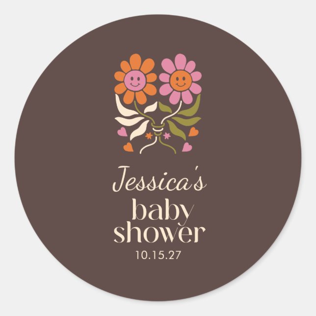 Retro Boho Brown Flower Groovy Baby Shower Custom Classic Round Sticker (Front)