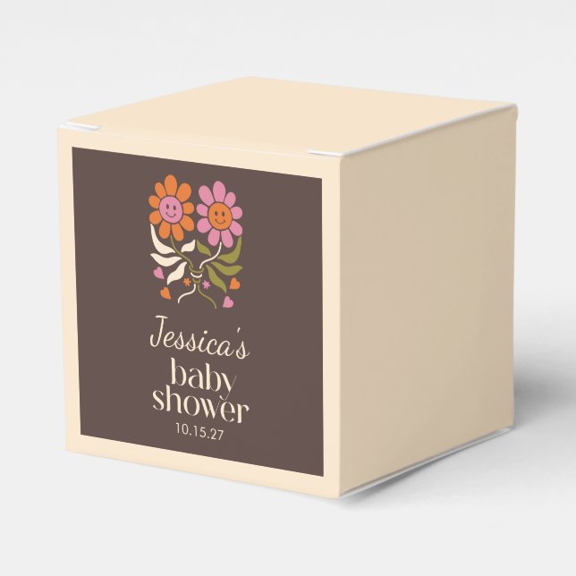 Retro Boho Brown Flower Groovy Baby Shower Custom Favour Box (Front Side)