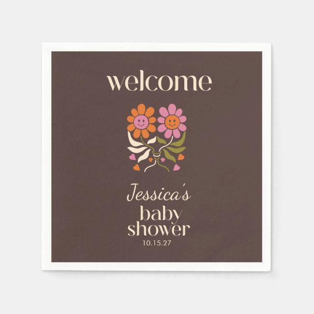 Retro Boho Brown Flower Groovy Baby Shower Custom Napkin (Front)