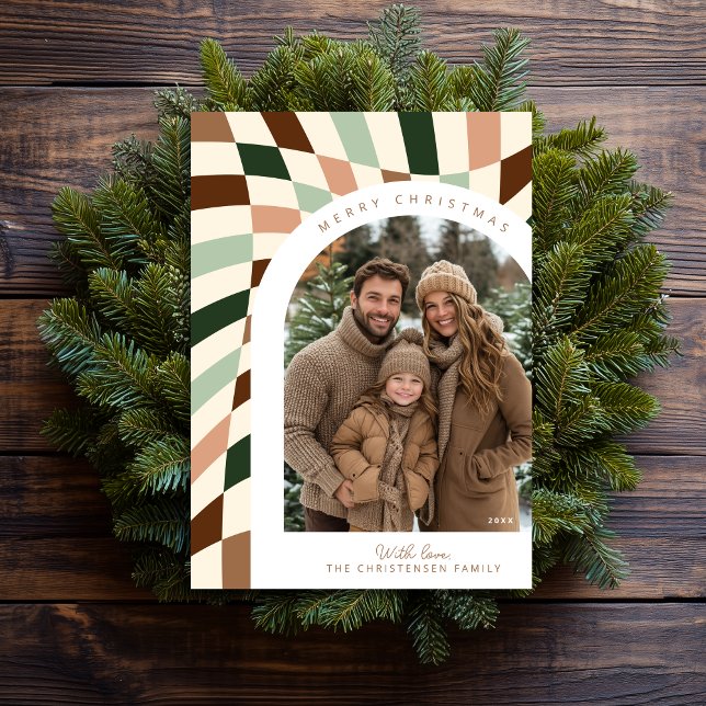 Retro Boho Chequered Photo Christmas Card (Shown on a 5" x 7" card)