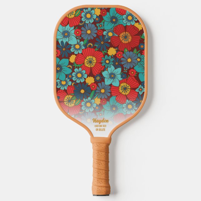 Retro Boho Chic Floral Pattern Custom Text Cool Pickleball Paddle (Front)