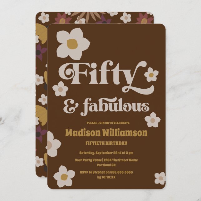 Retro Boho Chocolate Brown 50 & Fabulous Birthday  Invitation (Front/Back)