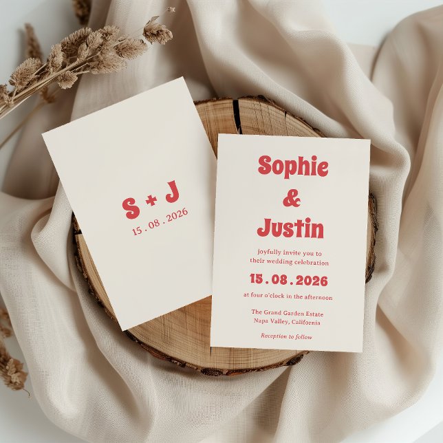 Retro Boho Coral Typography Wedding Invitation (Creator Uploaded)