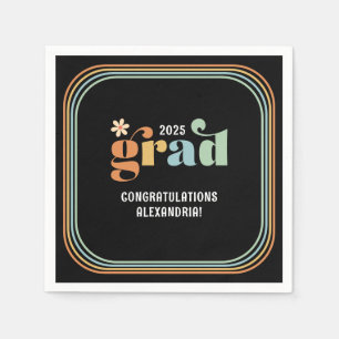 Retro Boho Daisy 2025 Grad Black Party Napkins