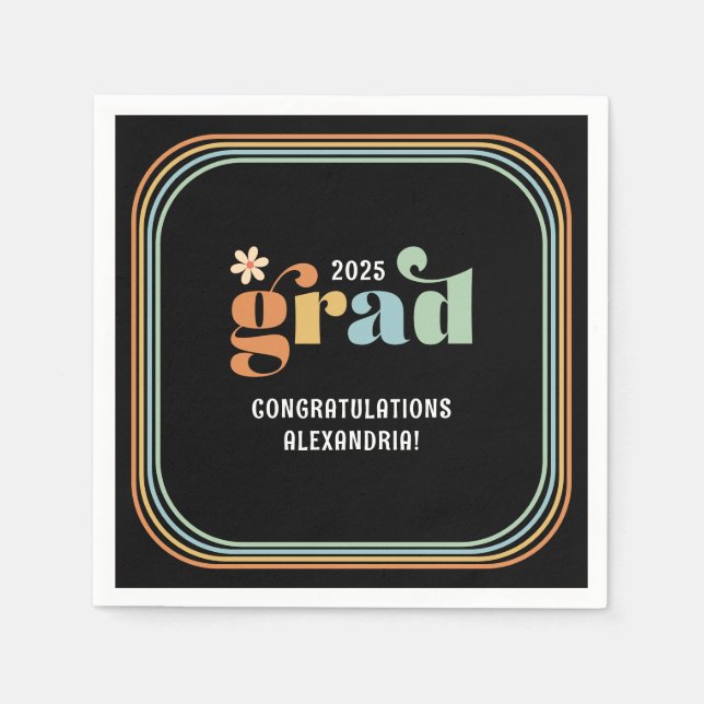 Retro Boho Daisy 2025 Grad Black Party Napkins (Front)
