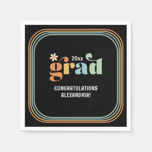Retro Boho Daisy 2025 Grad Black Party Napkins
