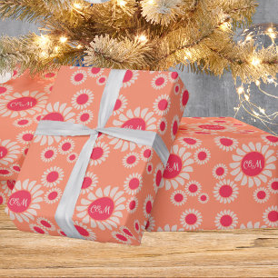 Retro Boho Daisy Floral Peach Wedding Monogram Wrapping Paper