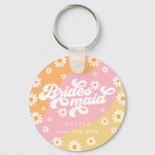 Retro Boho Daisy Personalized Bridesmaid Gift Key Ring
