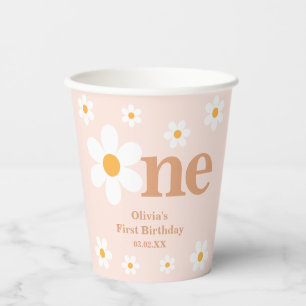 Retro Boho Daisy Pink First Birthday Paper Cups