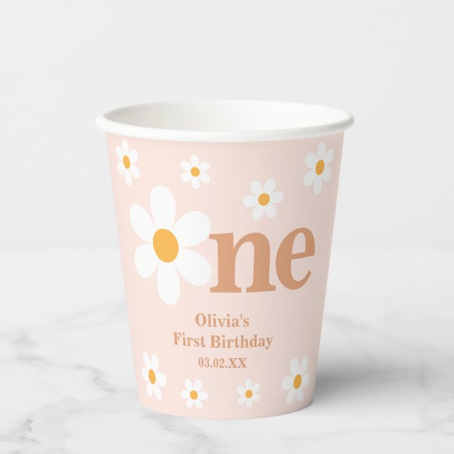 Retro Boho Daisy Pink First Birthday Paper Cups (Front)