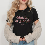 Retro Boho Dusty Rose Typography | Matron of Honou T-Shirt<br><div class="desc">This trendy,  simple T-shirt features the words "Matron of Honour" in retro dusty rose typography,  along with a space for her name,  and is the perfect gift for members of your bridal party.</div>