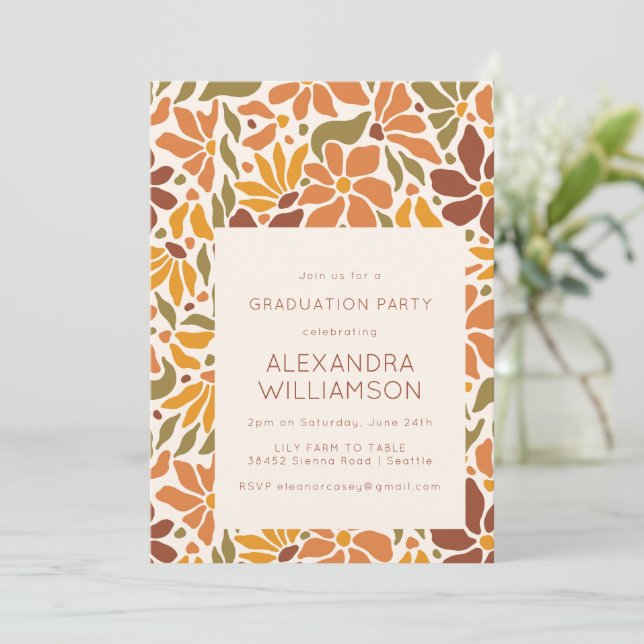 Retro Boho Earthy Botanical Graduation Party Invitation (Standing Front)