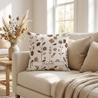 Retro Boho Earthy Floral Custom Name Throw Pillow