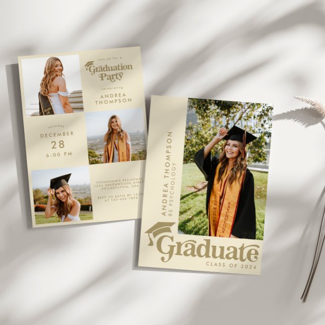 Retro Boho Earthy Graduation Cap Photo Collage Invitation (Creator Uploaded)