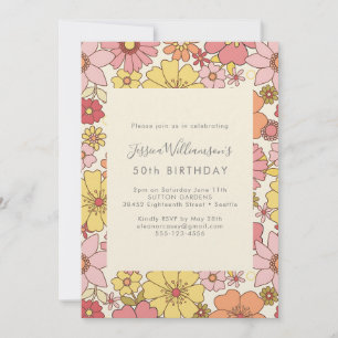 Retro Boho Floral 50th Birthday Invitation