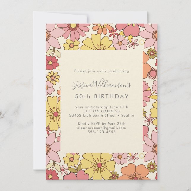 Retro Boho Floral 50th Birthday Invitation (Front)