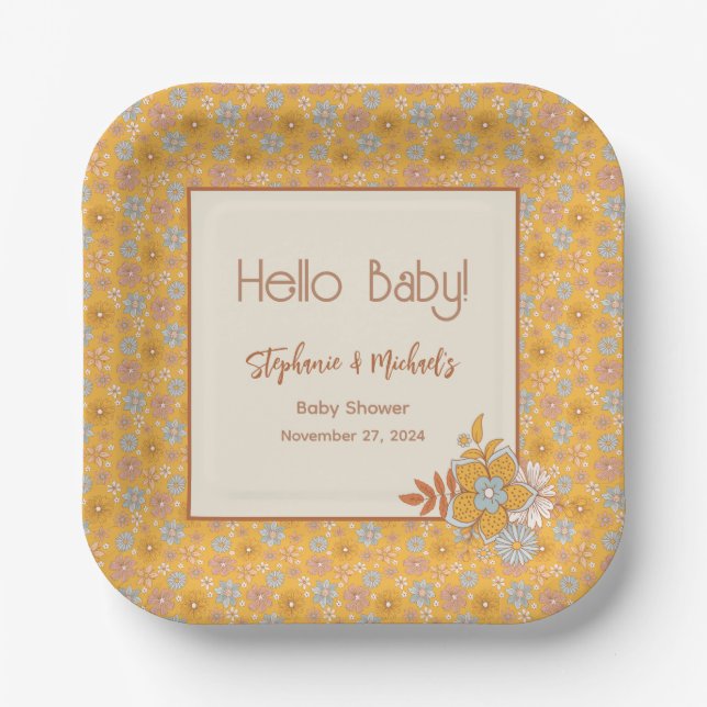 Retro Boho Floral Baby Shower Gender Neutral Paper Plate (Front)