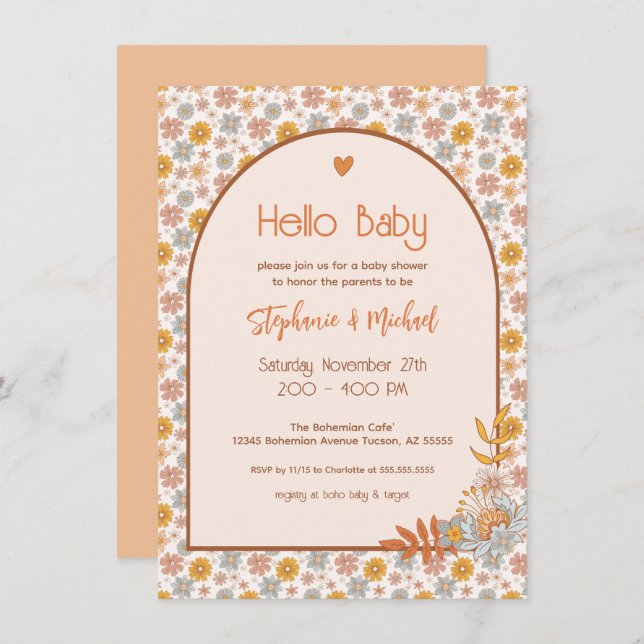 Retro Boho Floral Baby Shower Invitation (Front/Back)
