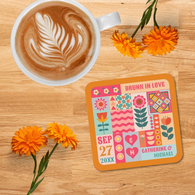 Retro Boho Floral Bold & Bright Colourful Wedding Square Paper Coaster (Creator Uploaded)