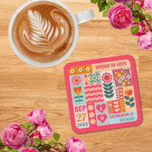 Retro Boho Floral Bold & Bright Colourful Wedding Square Paper Coaster