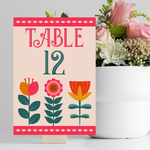 Retro Boho Floral Bold & Bright Colourful Wedding Table Number