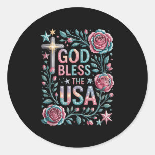 Retro Boho Floral God Bless The Usa Christian 4th Classic Round Sticker