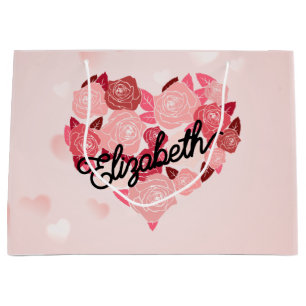 Retro Boho Floral I Heart Name calligraphy text Large Gift Bag
