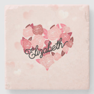 Retro Boho Floral I Heart Name calligraphy text Stone Coaster