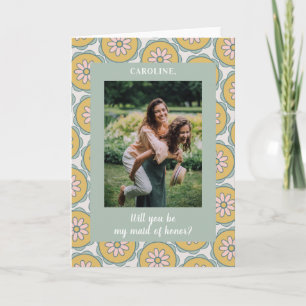 Retro Boho Floral Pastel Bridesmaid Photo Proposal Card