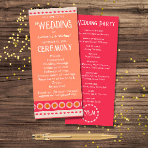 Retro Boho Floral Pink & Orange Colourful Wedding Programme