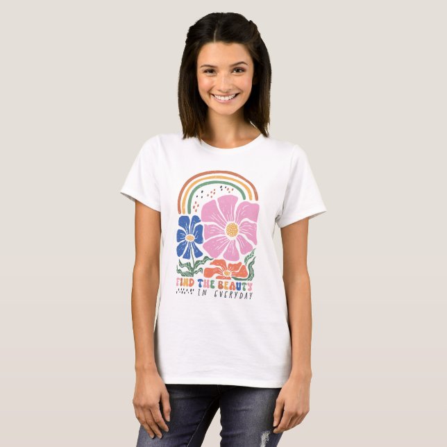 Retro Boho Floral Rainbow Quote  T-Shirt (Front Full)