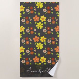 Retro Boho Flower Pattern Personalised  Beach Towel