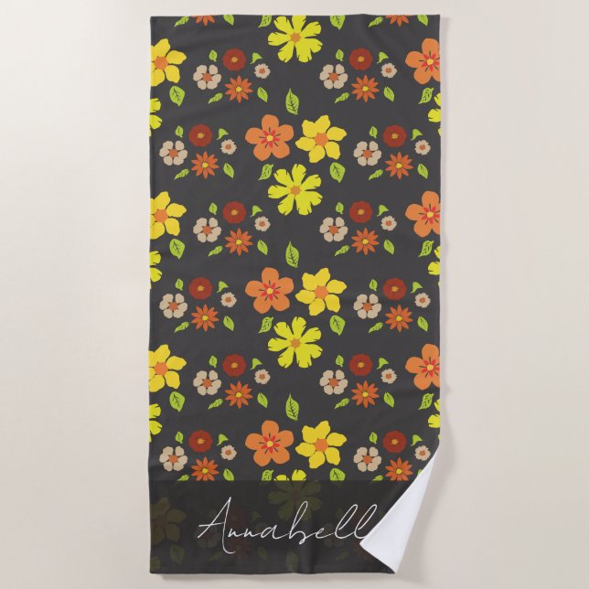 Retro Boho Flower Pattern Personalised  Beach Towel (Front)