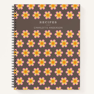 Retro Boho Flowers Brown Personalised Recipe   Notebook