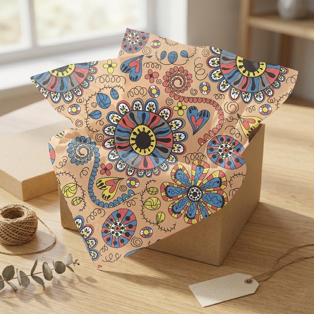 Retro Boho Folk Art Floral and Hearts Pattern Tissue Paper (Creator Uploaded)
