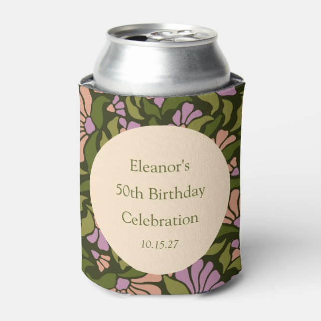Retro Boho Green Cute Floral Custom 50th Birthday Can Cooler (Can Front)
