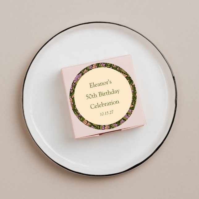 Retro Boho Green Cute Floral Custom 50th Birthday Classic Round Sticker (Creator Uploaded)