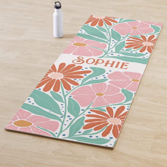 Retro Boho Groovy Flowers Personalised Yoga Mat (In Situ)