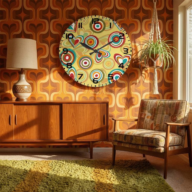 Retro Boho Hearts and Circles 70s Groovy Pattern  Large Clock (Creator Uploaded)