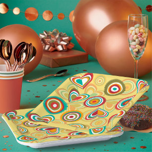 Retro Boho Hearts and Circles 70s Groovy Pattern  Paper Plate