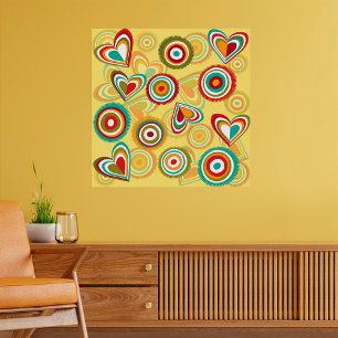 Retro Boho Hearts and Circles 70s Groovy Pattern  Poster