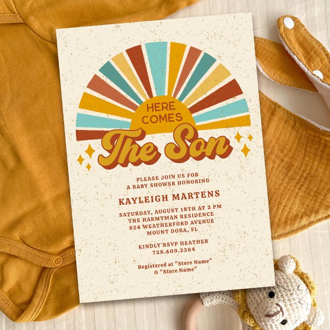 Retro Boho Here Comes the Son Baby Shower Invitation (Creator Uploaded)