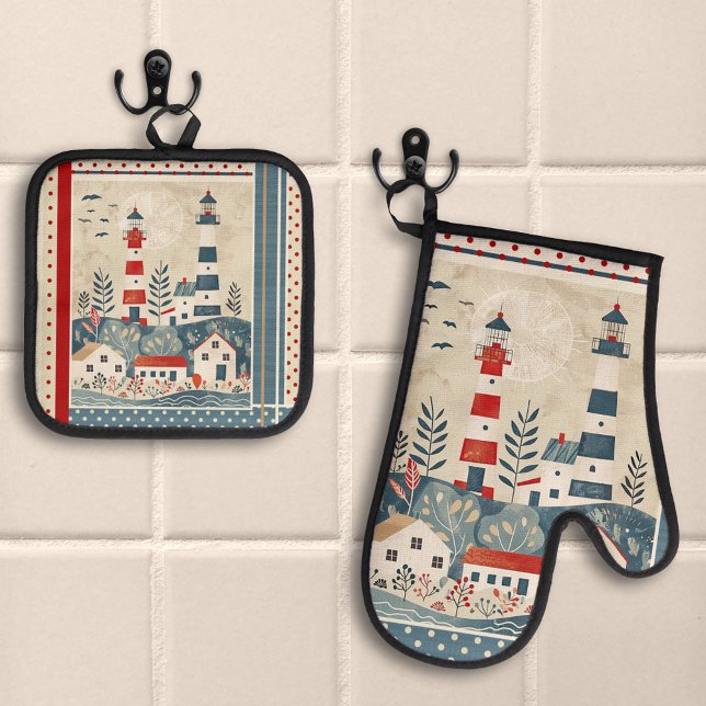 Retro Boho Lighthouse Nautical  Oven Mitt & Pot Holder Set (Oven mitt and pot holder set featuring lighthouses in retro style with stripes and polka dots)