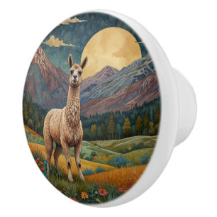 Retro boho llama alpaca mountain landscape  ceramic knob